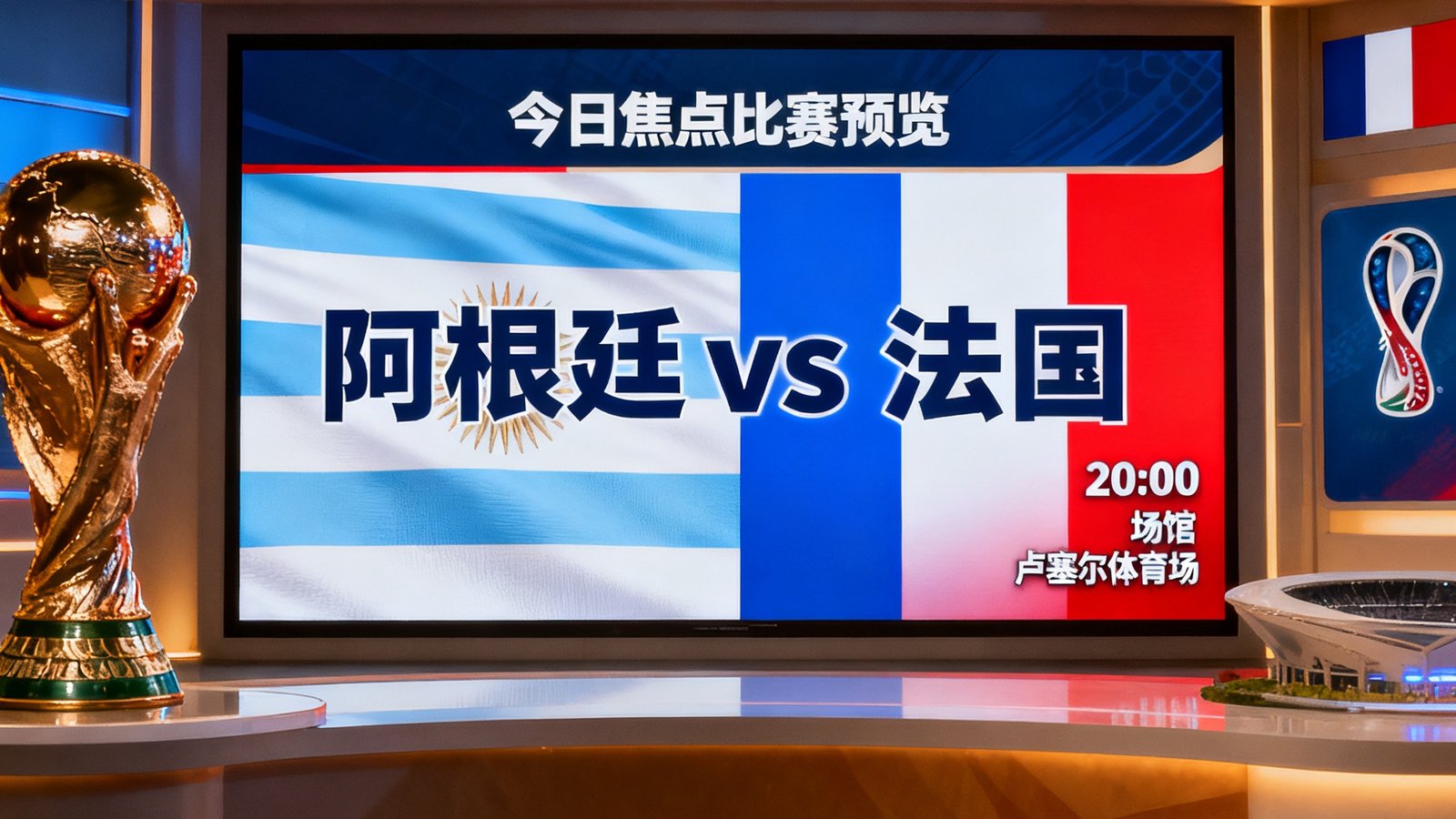 世界杯官方直播大厅画面，显示今日焦点比赛预览，阿根廷vs法国大战一触即发